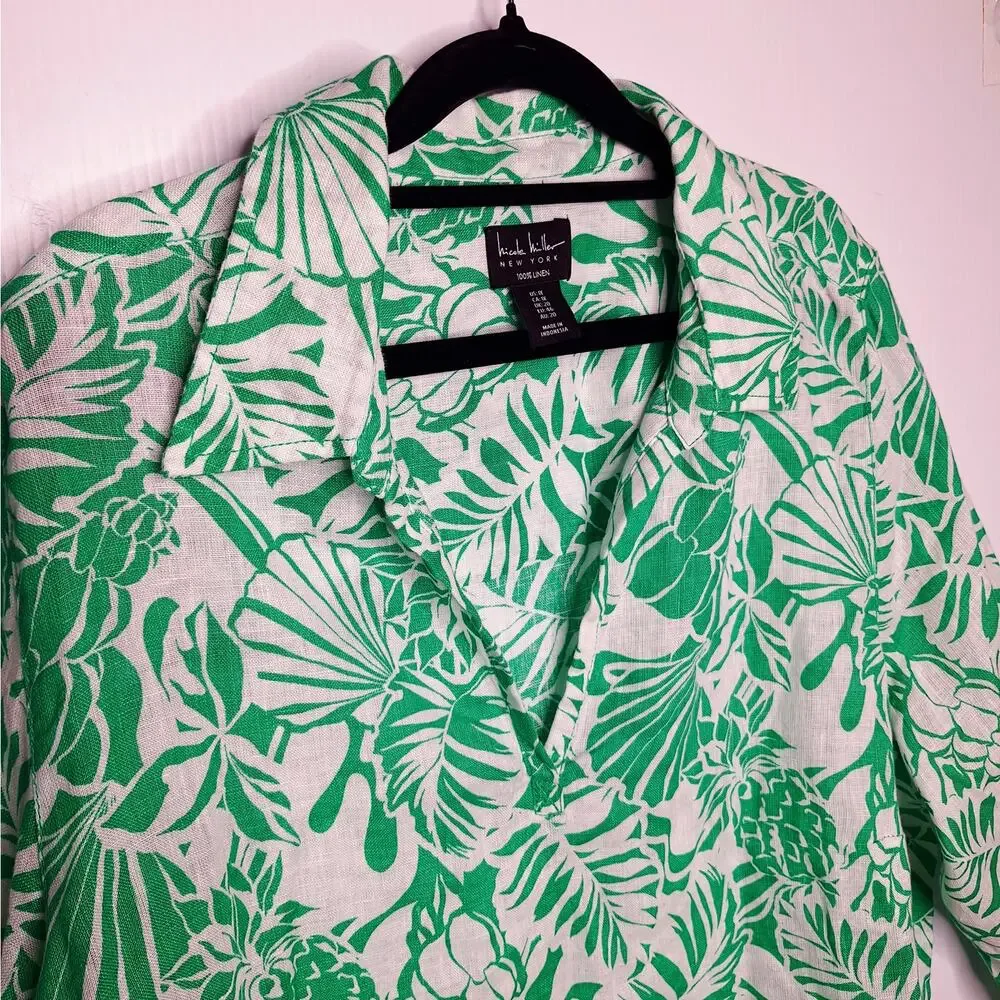 Nicole Miller 100% Linen Tunic Top 1X Pineapple Shells Palm Tropical Beach Green